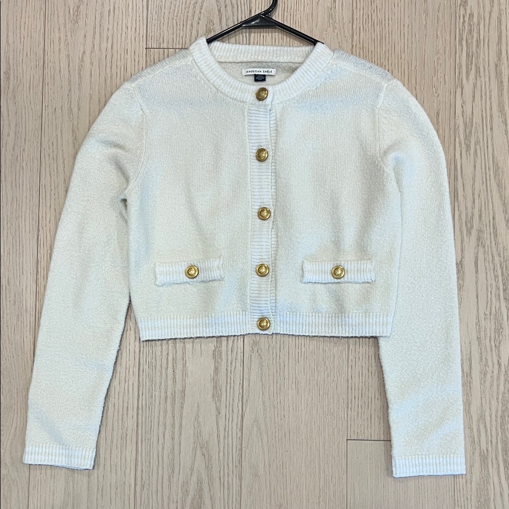 American Eagle Cream Cardigan Sweater Jacket with Gold Buttons